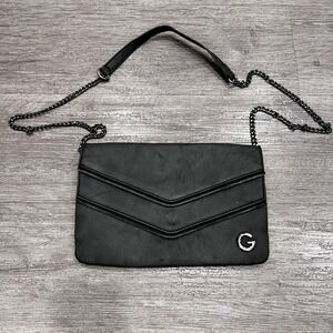 G By Guess Clutch Bag Black Faux Leather Flap Preppy Envelope Zip Chain